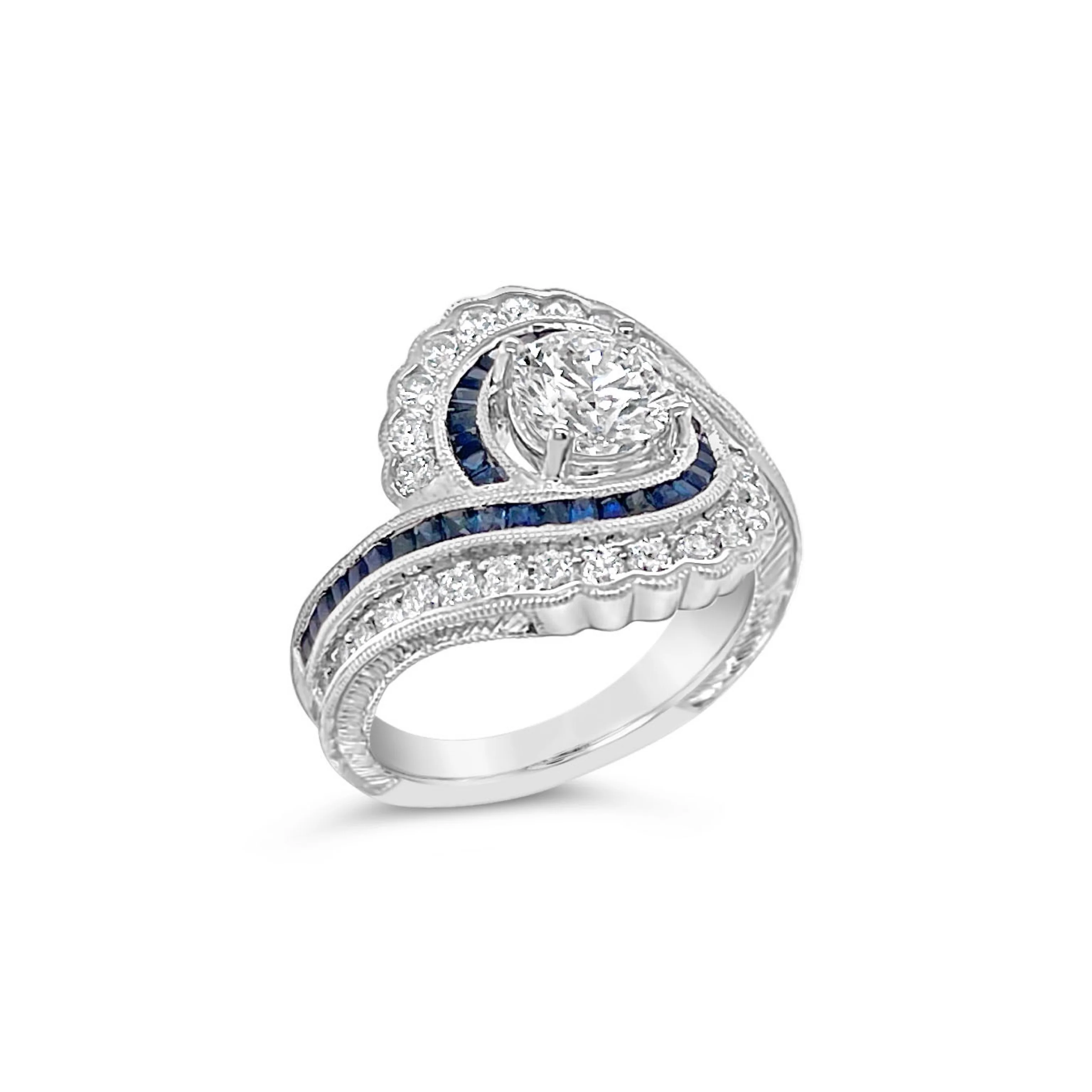 Diamond + Sapphire Scalloped Halo Bypass Ring - Image 3