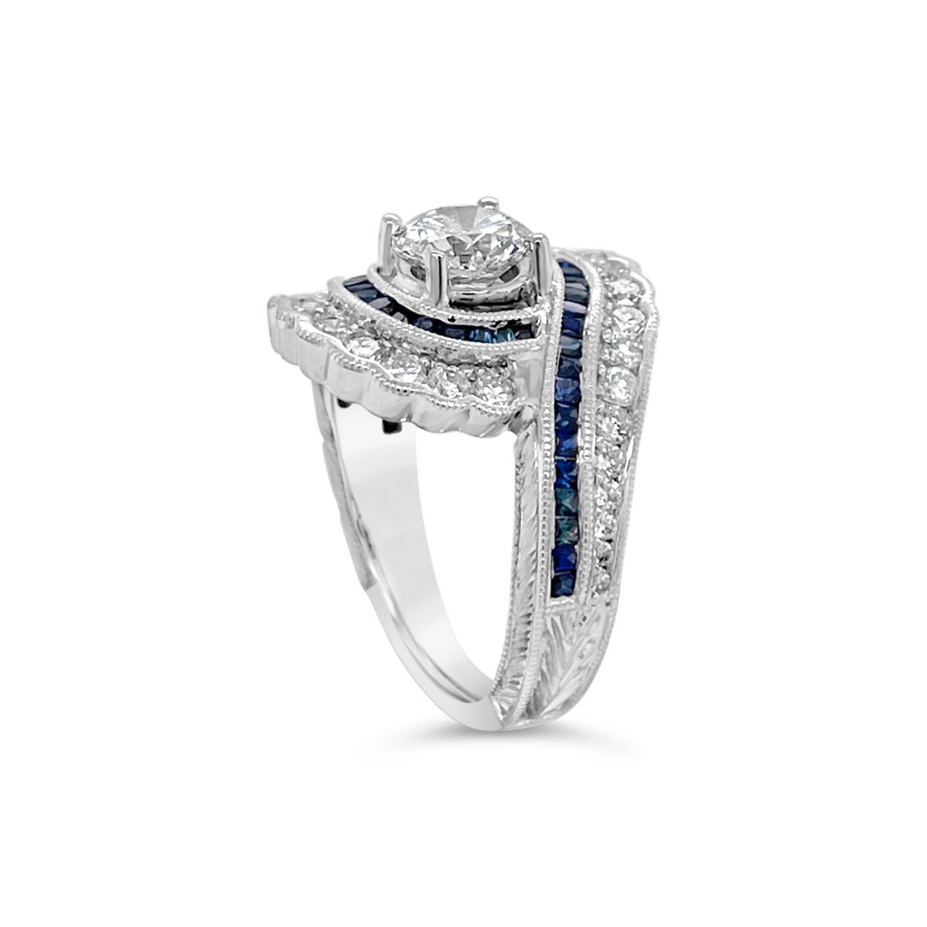Diamond + Sapphire Scalloped Halo Bypass Ring - Image 4