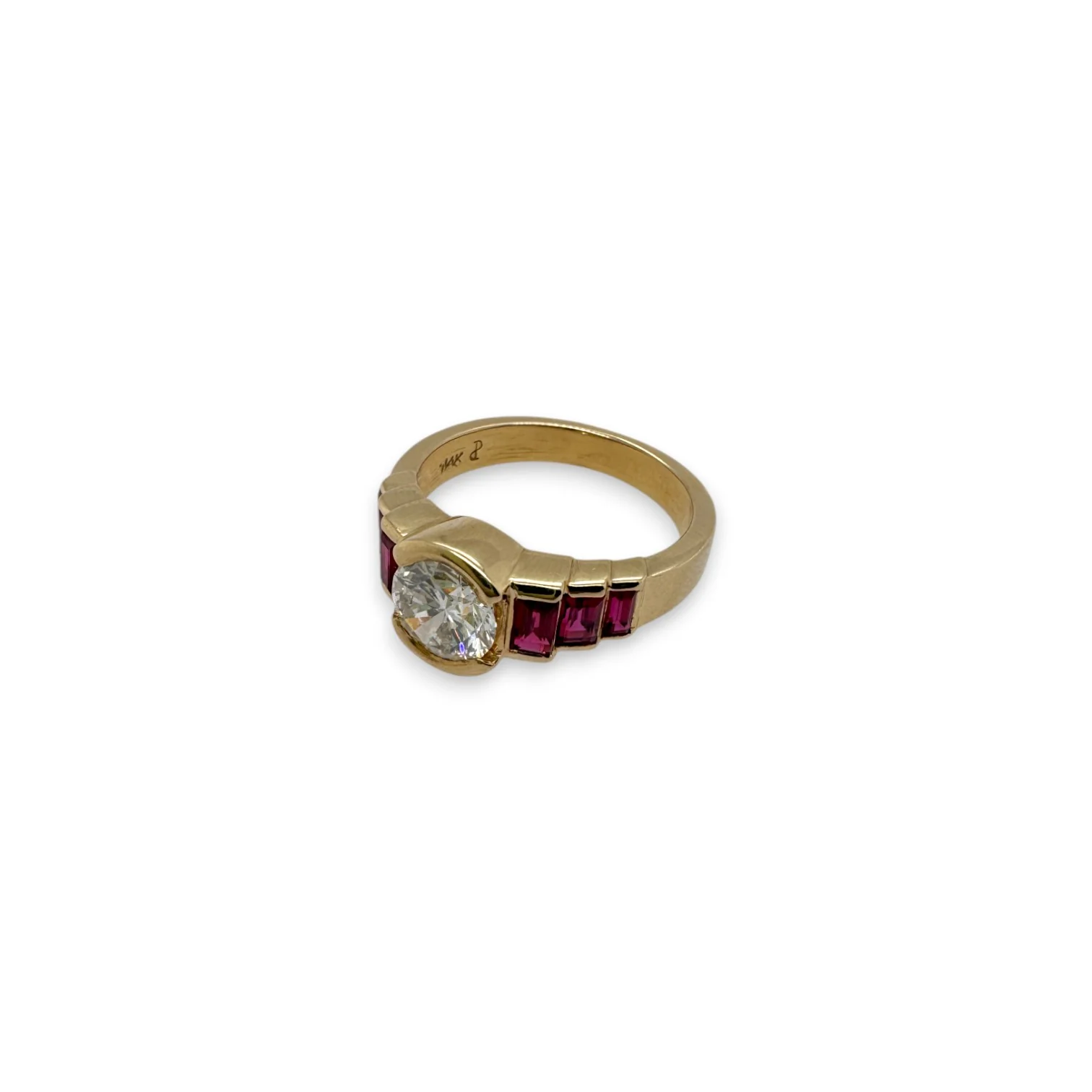 Estate Vintage Diamond & Baguette Ruby Stepped Ring - Image 3